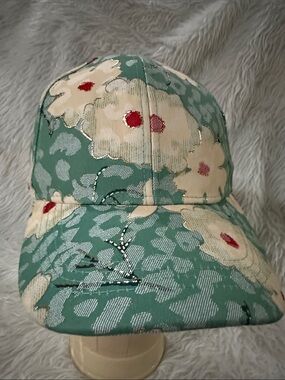 Source Unknown Mint Green Floral Baseball Cap with Cream & Red Details